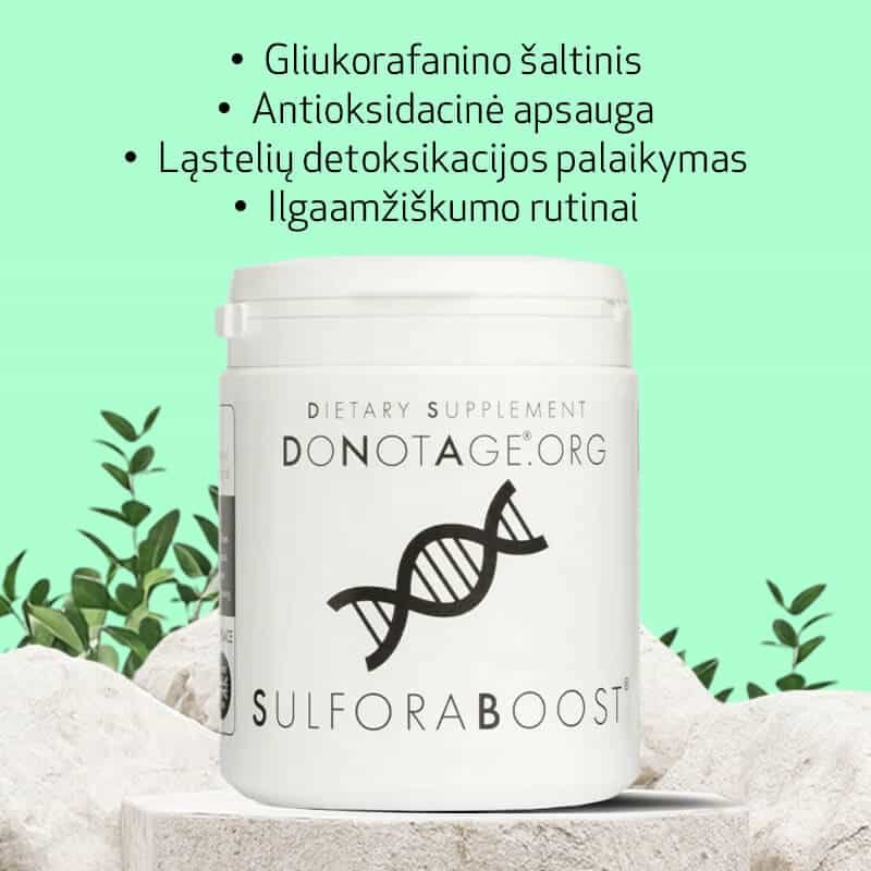 DoNotAge SulforaBoost – privalumai: gliukorafanino šaltinis, antioksidacinė apsauga, detoksikacija, ilgaamžiškumas DoNotAge SulforaBoost - eelised: glükorafaniini allikas, antioksüdantide kaitse, detoksikatsioon, vastupidavus.