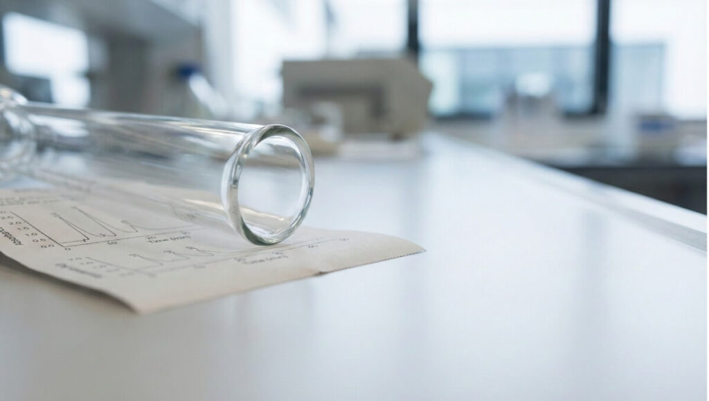 Chromatogramos atspaudas ir laboratorinis stiklo indas ant stalo