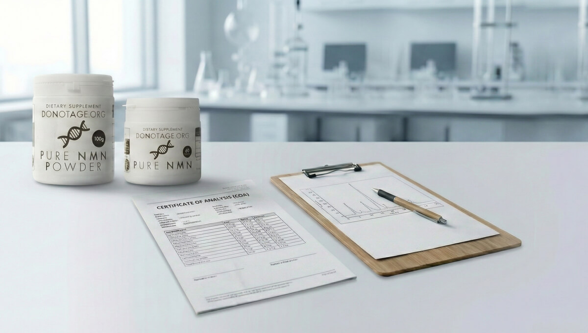 DoNotAge Pure NMN pakuotės šalia COA sertifikato laboratorijoje