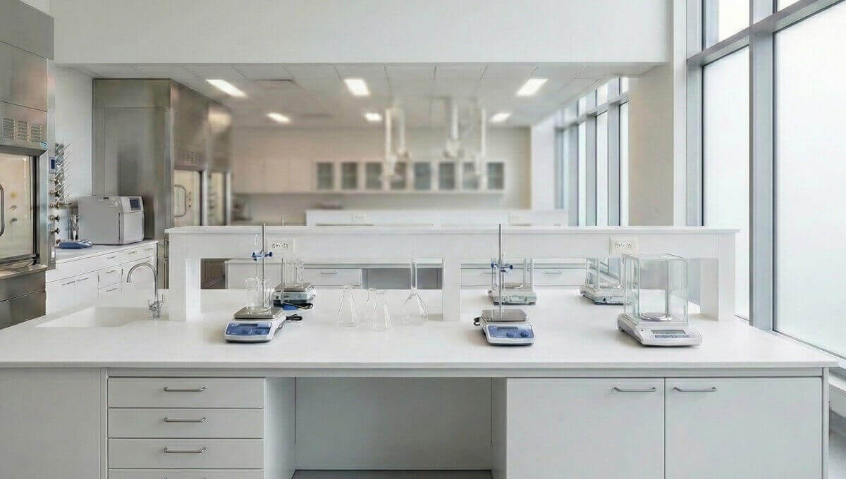 Laboratorijos interjeras su švariu darbo stalu, svarstyklėmis ir stiklo įranga