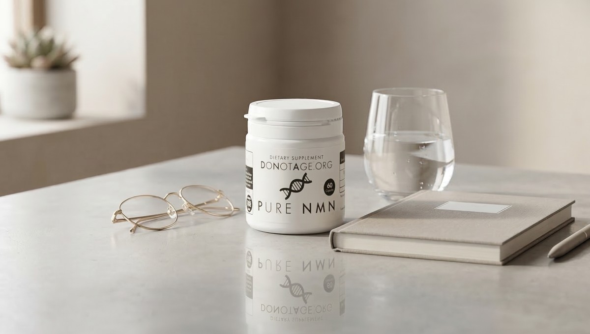 DoNotAge NMN papildų indelis ant stalo – iliustracija straipsniui apie NMN šalutinį poveikį ir saugumą