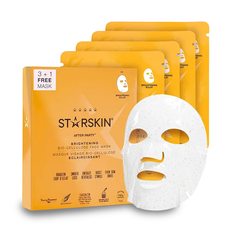 STARSKIN AFTER PARTY BIO-CELLULOSE FACE MASK Skaistinamosios ir gaivinamosios bioceliuliozinės veido kaukės su niacinamidu pavargusiai ir papilkėjusiai odai, 3+1 STARSKIN AFTER PARTY BIO-CELLULOSE FACE MASK Skaistinamosios ir gaivinamosios bioceliuliozinės veido kaukės su niacinamidu pavargusiai ir papilkėjusiai odai, 3+1