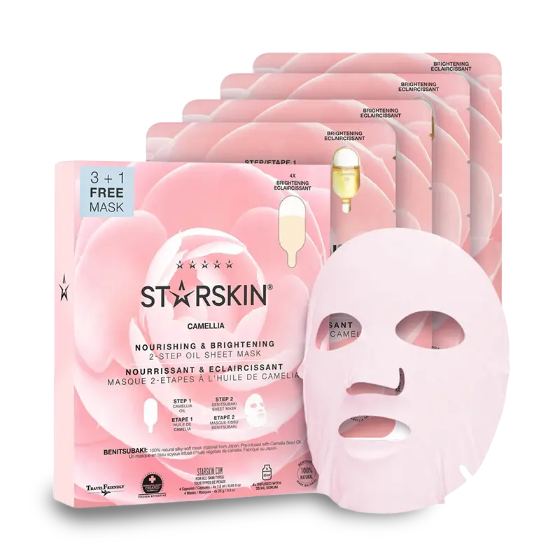 STARSKIN CAMELLIA NOURISHING & BRIGHTENING 2-STEP OIL MASK Dviejų etapų maitinamosios ir skaistinamosios veido kaukės su kamelijų aliejumi, 3+1 STARSKIN CAMELLIA NOURISHING & BRIGHTENING 2-STEP OIL MASK Dviejų etapų maitinamosios ir skaistinamosios veido kaukės su kamelijų aliejumi, 3+1