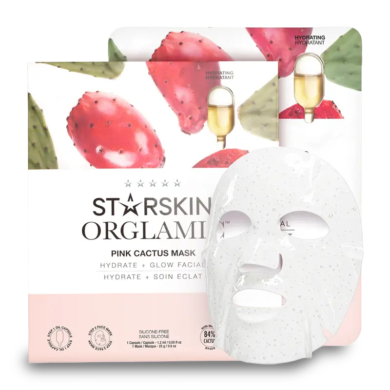 STARSKIN ORGLAMIC PINK CACTUS HYDRATE + GLOW 2 STEP OIL SHEET MASK Dviejų etapų drėkinamoji ir skaistinamoji veido kaukė su kaktusų ir kamelijų aliejais STARSKIN ORGLAMIC PINK CACTUS HYDRATE + GLOW 2 STEP OIL SHEET MASK Dviejų etapų drėkinamoji ir skaistinamoji veido kaukė su kaktusų ir kamelijų aliejais