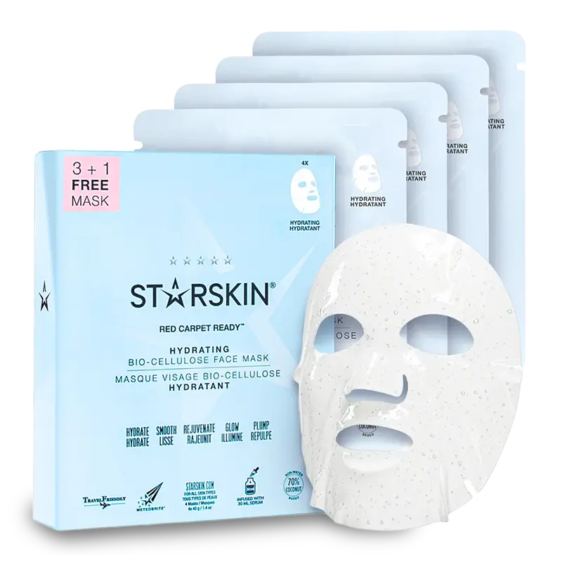 STARSKIN RED CARPET READY HYDRATING FACE MASK Intensyviai drėkinamosios bioceliuliozinės veido kaukės odos gaivumui ir glotnumui, 3+1 STARSKIN RED CARPET READY HYDRATING FACE MASK Intensyviai drėkinamosios bioceliuliozinės veido kaukės odos gaivumui ir glotnumui, 3+1