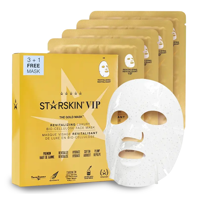 STARSKIN VIP THE GOLD MASK Drėkinamosios ir stangrinamosios bioceliuliozinės veido kaukės su auksu ir augaliniais ekstraktais, 3+1 STARSKIN VIP THE GOLD MASK Drėkinamosios ir stangrinamosios bioceliuliozinės veido kaukės su auksu ir augaliniais ekstraktais, 3+1