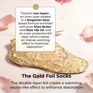STARSKIN VIP THE GOLD MASK FOOT Šildomosios pėdų kaukės su taukmedžių sviestu ir rožių ekstraktais intensyviam odos drėkinimui ir minkštinimui