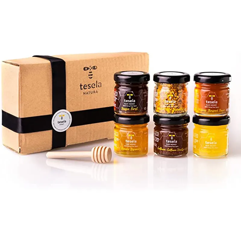 TESELA PACK TESELITAS Degustacinis 6 mini indelių gryno medaus ir bičių žiedadulkių rinkinys Tesela degustacinis medaus rinkinys su šešiais mini indeliais